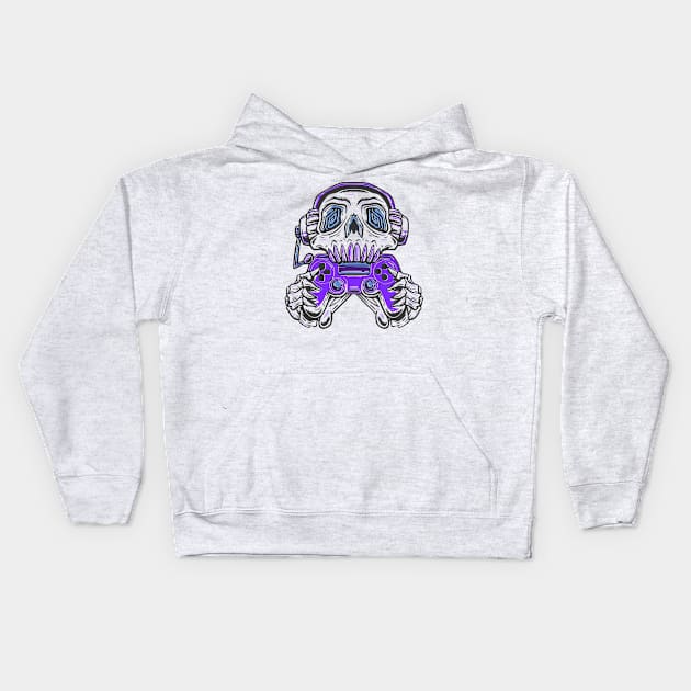 A skull gamer holding a  purple joystick controller and wearing headphone. Kids Hoodie by Semenov